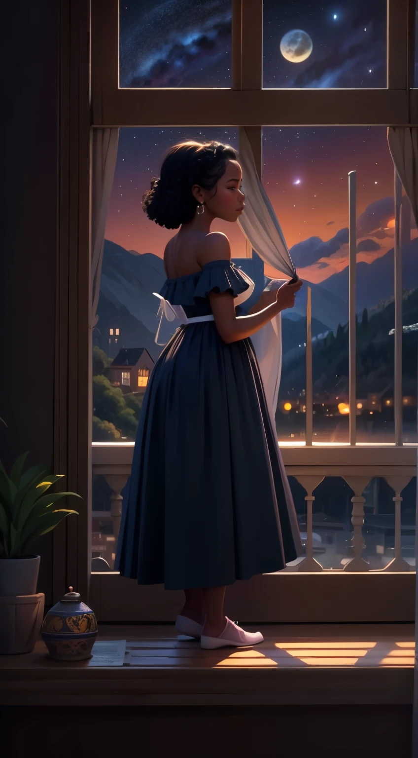 masterpiece, best quality, side profile of an extremely delicate and beautiful girl with dark skin, wearing an off the shoulder dress, resting on a windowsill, nightcore, world masterpiece theater, ultra-detailed, highly detailed, highres, extremely detailed,1girl with dark skin ,illustration, looking at the night sky, beautiful interior and exterior, impasto, canvas, oil painting, realistic, storybook style art, cozy atmosphere 