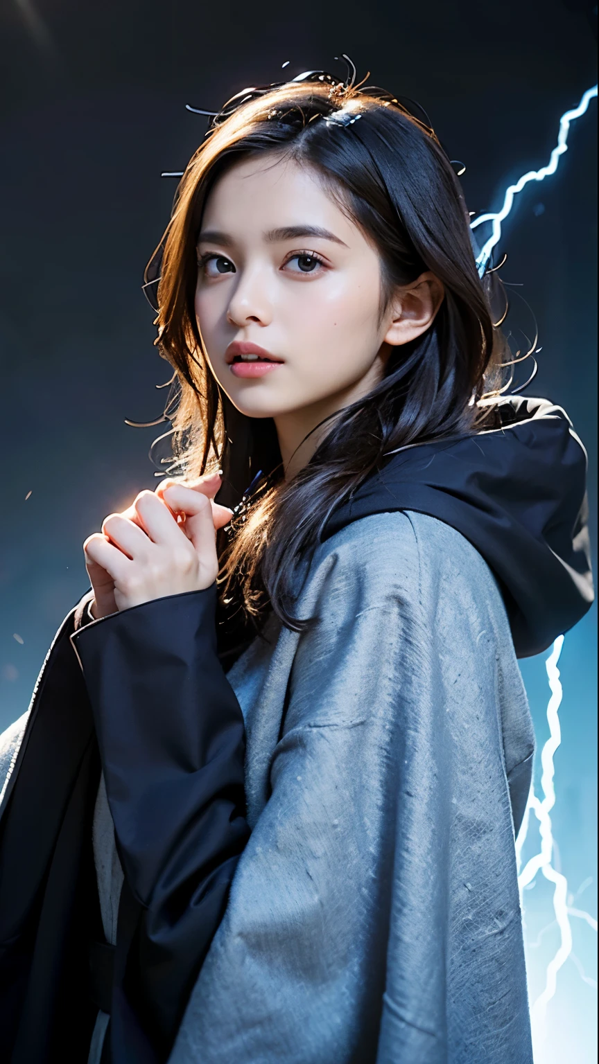 (skindentation:1.5), Realistic, Photorealistic, (masterpiece:1.5), concept art, intricate details, highly detailed, photorealistic, octane render, 8k, unreal engine, dynamic pose, best quality, highres, (realistic face:1.1), (hyperrealistic:1.1), ((full_body)), perfect eyes,(shiny skin:1.2), (((hairstyle))), (((perfect hands))), (extremely detailed background), ((dynamic background)), ((lightning)), (light rays), ((1girl)), wearing cloak, (((flowing cloak))), ((detailed eyes, high quality eyes, high quality face)), (extremely intricate robes, magical robes), short hair, casting lightning, electricity, swirling fire, radiating power, sparks, smoke, magic, ((dramatic)), epic, battlefield, depth of field, bokeh, 4k, gothic, ember, particles