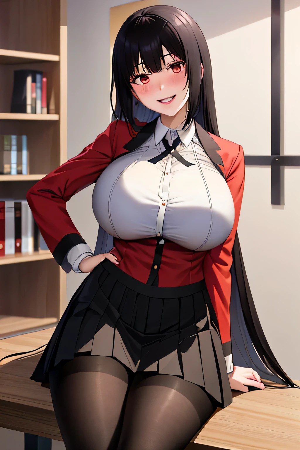 (8K, RAW photo, highest quality, masterpiece: 1.2),18 year old Japanese woman with perfect body,Please show your teeth and smile,long black hair,dull bangs, toothy smile,uniform,red jacket,black pantyhose,white shirt,black ribbon,pleated skirt,long sleeve,shining eyes,blush, classroom,(big breasts:1.5)