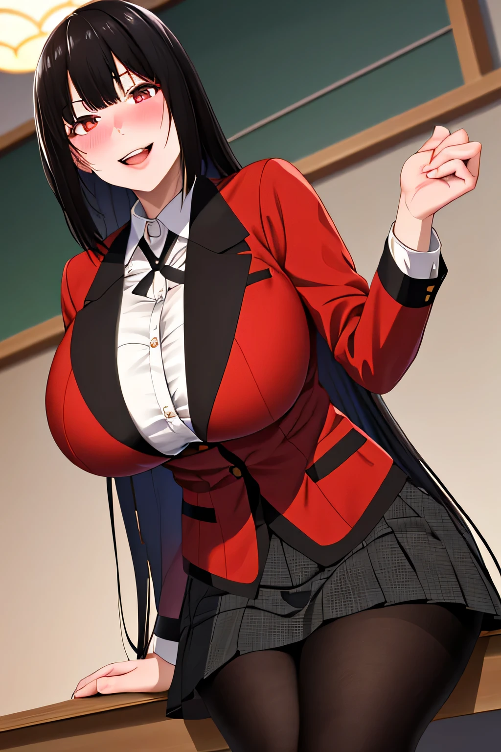 (8K, RAW photo, highest quality, masterpiece: 1.2),18 year old Japanese woman with perfect body,Please show your teeth and smile,long black hair,dull bangs, toothy smile,uniform,red jacket,black pantyhose,white shirt,black ribbon,pleated skirt,long sleeve,shining eyes,blush, classroom,(big breasts:1.5)