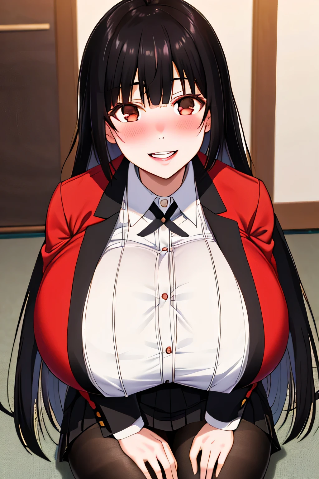 (8K, RAW photo, highest quality, masterpiece: 1.2),18 year old Japanese woman with perfect body,Please show your teeth and smile,long black hair,dull bangs, toothy smile,uniform,red jacket,black pantyhose,white shirt,black ribbon,pleated skirt,long sleeve,shining eyes,blush, classroom,((huge breasts:1.5))