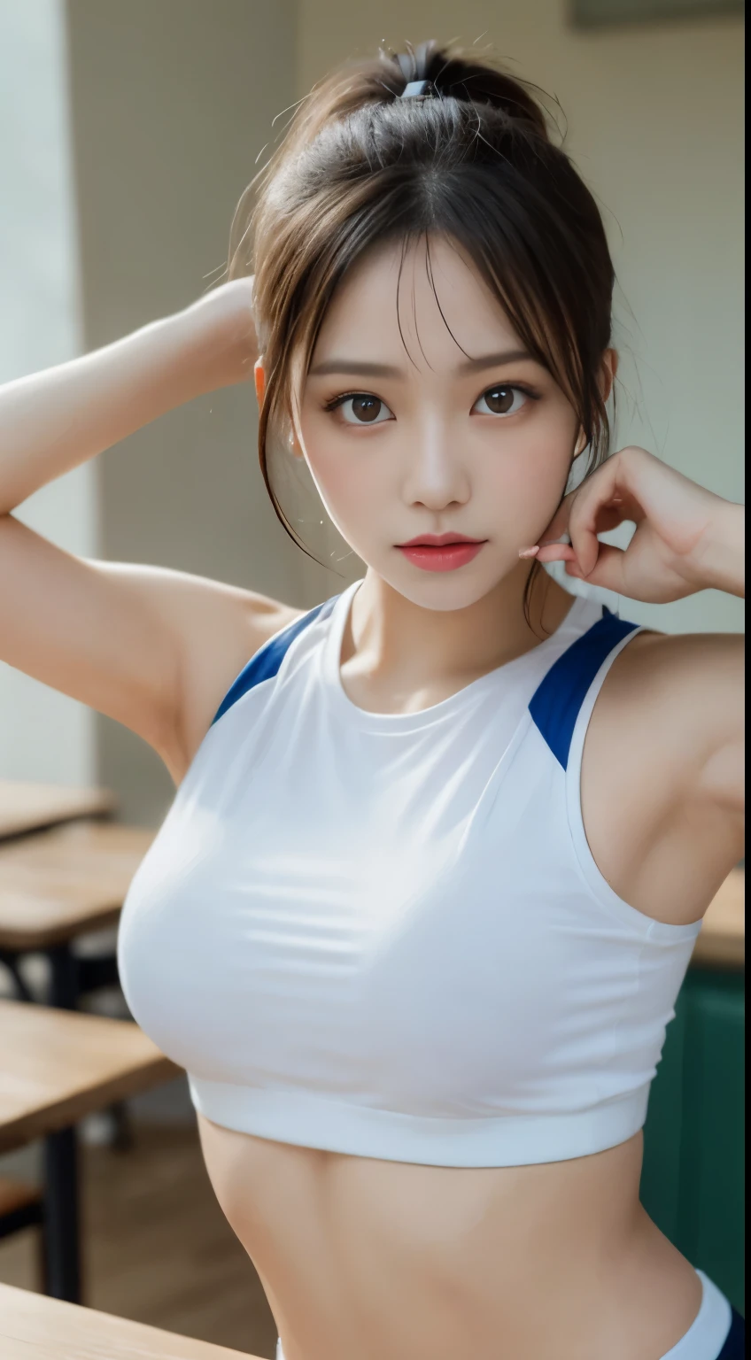 A close up of a woman in a white top and blue shorts - SeaArt AI