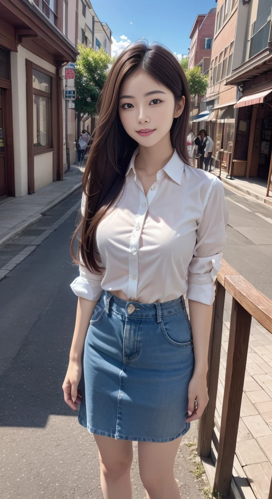 (8K, highest quality, masterpiece:1.2), (software:1.3), (realistic, photo-realistic:1.37),((Random Standing Pose、full body shot))、 Super detailed, 1 girl,cute, alone,beautiful and detailed sky,Detailed cafe,outdoor、date,(blush your nose),(smile:1.1),(closed mouth) medium breasts,beautiful and detailed eyes,(collared shirt:1.1), tie,Slit Tight Skirt,(Random Longhair:1.2),floating hair