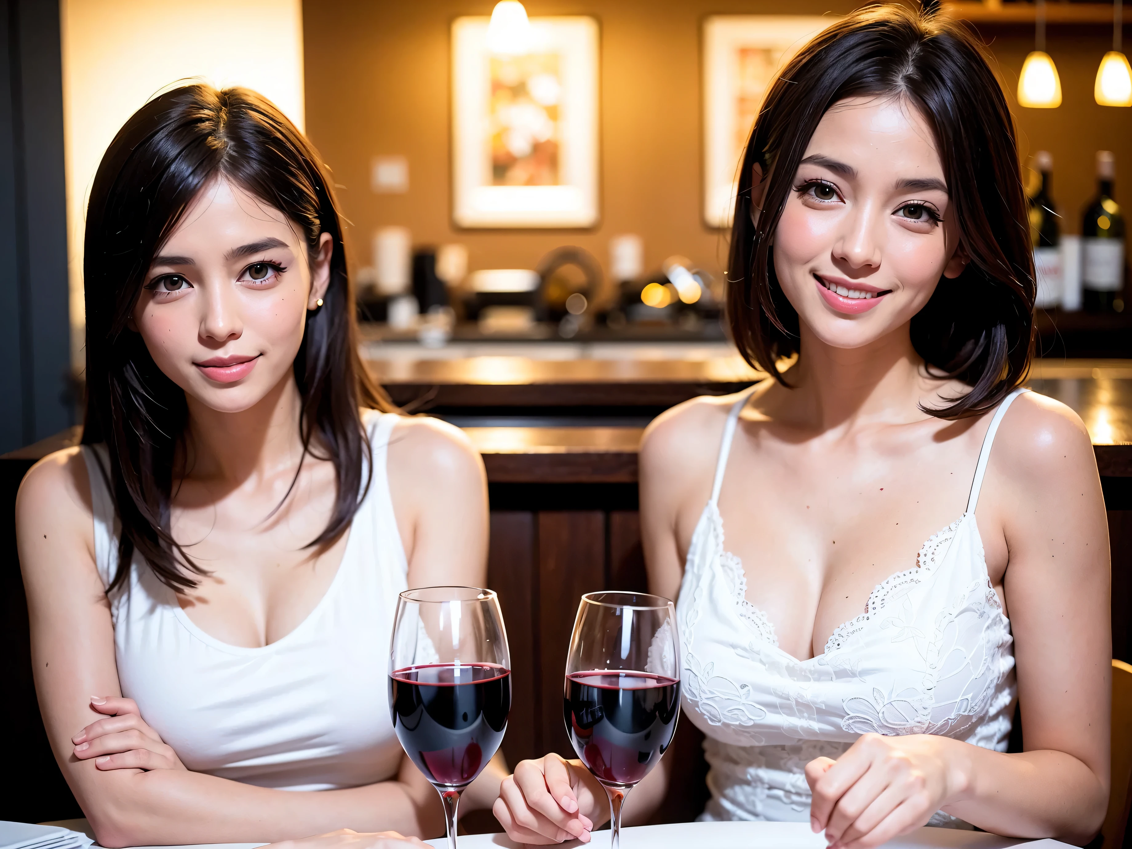 (64K, UHD, top quality, masterpiece: 1.2), (realistic, photorealistic: 1.37), super detailed, pretty woman 1 person,itarian,french,japanese, (slim face), (slim body), (brown hair), (short cut), cheeks slightly blushing, (44 years old), 38 years old, solo, beautiful detailed night view outside the window, restaurant, wine glasses sit, at night, in a prominent placeNovaFrogStyle, Actress, Model, Waist Up, White Wine, Slim, Wine Glass, Super Clean Night View, Wine Glass Put in the Middle, Happy Smile, (Smile: 1.15), Beautiful Fine Eyes, Upper Body, Bust Japan Up, Night, Short, Short, Actress, Model, Waist Up, White Wine, Slim, Wine Glass, Super Clean Night View, Wine Glass Put in the Middle, Happy Smile,