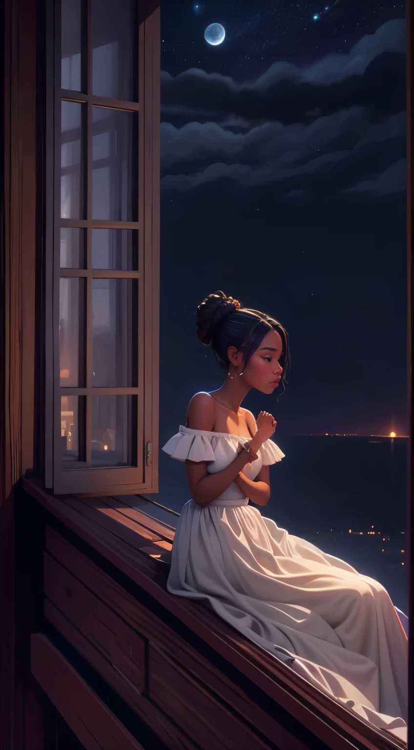 masterpiece, best quality, side profile of an extremely delicate and beautiful girl with dark skin, wearing an off the shoulder dress, resting on a windowsill, nightcore, world masterpiece theater, ultra-detailed, highly detailed, highres, extremely detailed,1girl with dark skin ,illustration, looking at the night sky, beautiful interior and exterior, impasto, canvas, oil painting, realistic, storybook style art, cozy atmosphere 