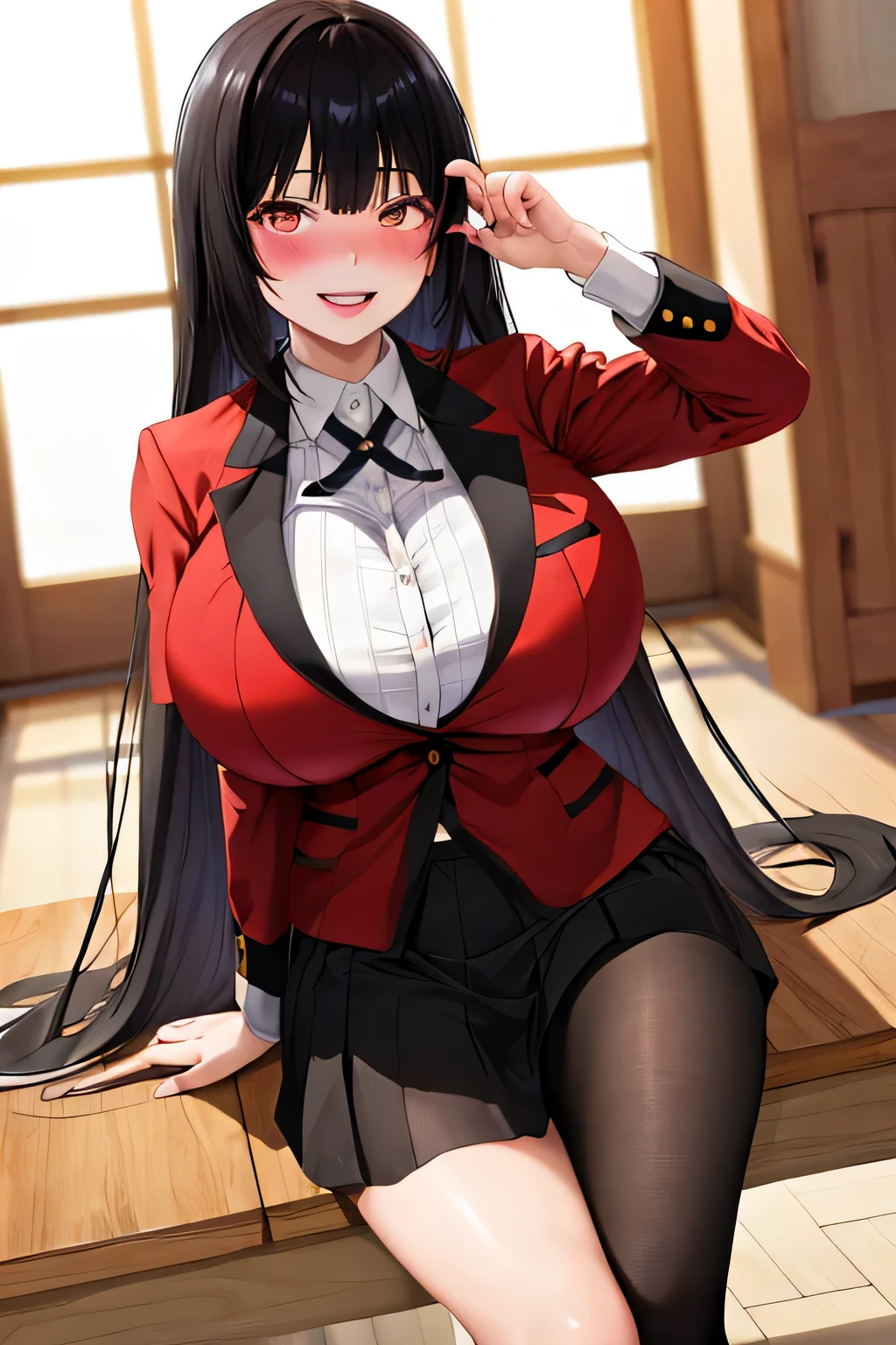 NSFW,(8K, RAW photo, highest quality, masterpiece: 1.2),18 year old Japanese woman with perfect body,Please show your teeth and smile,long black hair,dull bangs, toothy smile,uniform,red jacket,black pantyhose,Show off nipples under white shirt,black ribbon,pleated skirt,long sleeve,shining eyes,blush, classroom,(big breasts:1.5)