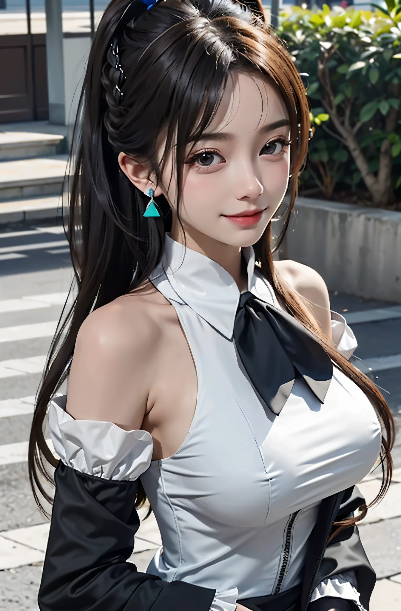 Outdoors, 1 , view from above, upper body whole body, Henri, long hair, half updo, Mitsuami, hair between eyes, animal ears, earrings, majiriwei, big boobs, frills, Black Ascot, green one piece, (sleeves past wrists:1.2), black thighs, upward gaze, shy smile