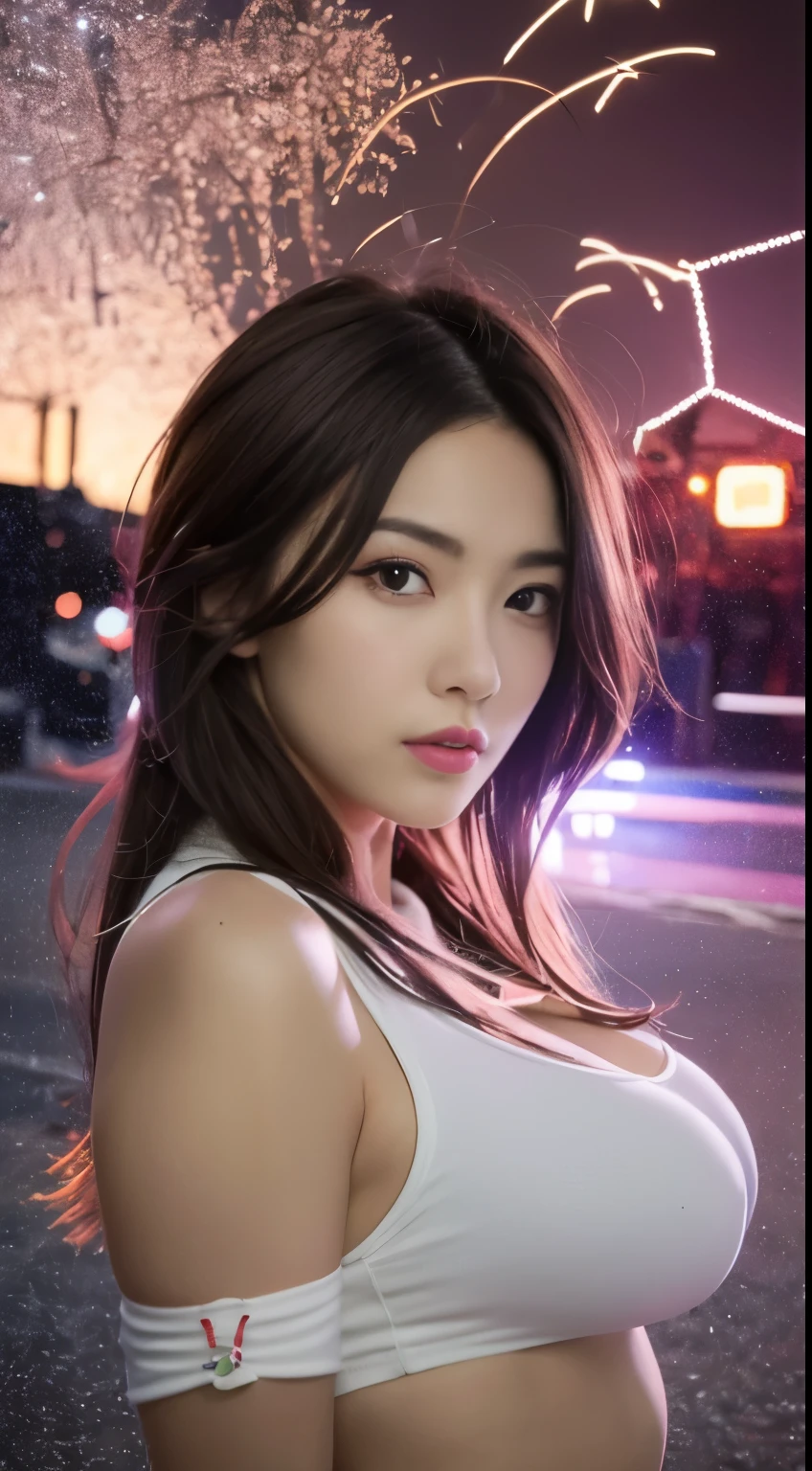 ((realistic lighting、best quality、8K、master masterpiece:1.3))、clear focus:1.2、 girl、perfect body beauty:1.4、slim abs:1.1、whole body、((dark brown hair、big breasts:1.3))、(acceleration:1.4)、(Fresh、dawn:1.1)、View of Waikiki Beach、Palm tree、narrow side、fine eyes、double eyelid、Fashion model posing with flowing hair、T-shirt、pendant、