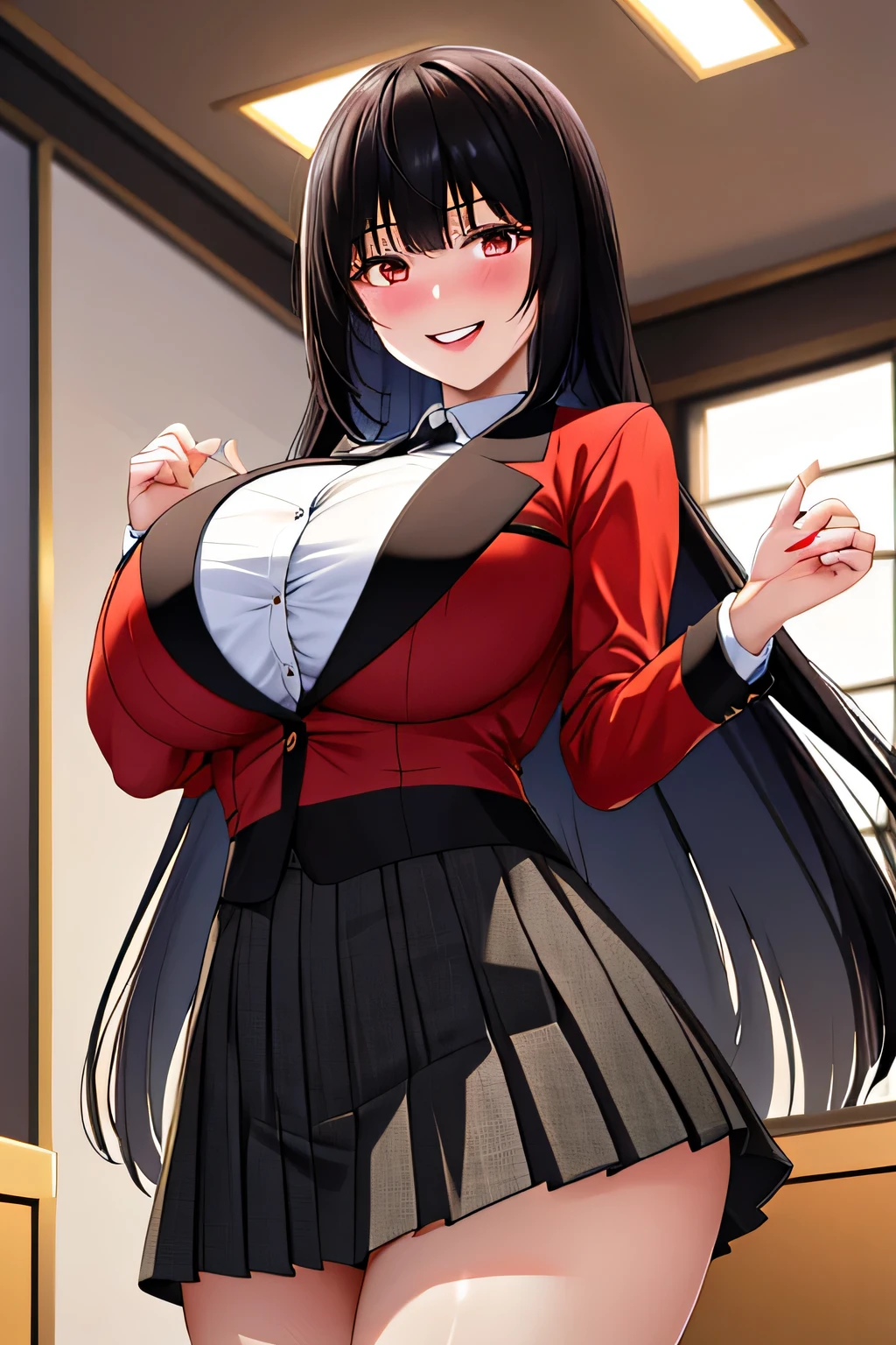 (8K, RAW photo, highest quality, masterpiece: 1.2),18 year old Japanese woman with perfect body,Please show your teeth and smile,long black hair,dull bangs, toothy smile,uniform,red jacket,black pantyhose,white shirt,black ribbon,pleated skirt,long sleeve,shining eyes,blush, classroom,(big breasts:1.5),A little bit of lace lingerie is visible