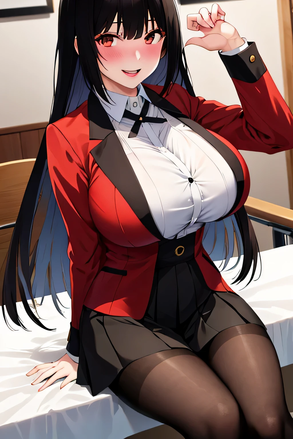 (8K, RAW photo, highest quality, masterpiece: 1.2),18 year old Japanese woman with perfect body,Please show your teeth and smile,long black hair,dull bangs, toothy smile,uniform,red jacket,black pantyhose,white shirt,black ribbon,pleated skirt,long sleeve,shining eyes,blush, classroom,(big breasts:1.5),(You can see through the lace lingerie)