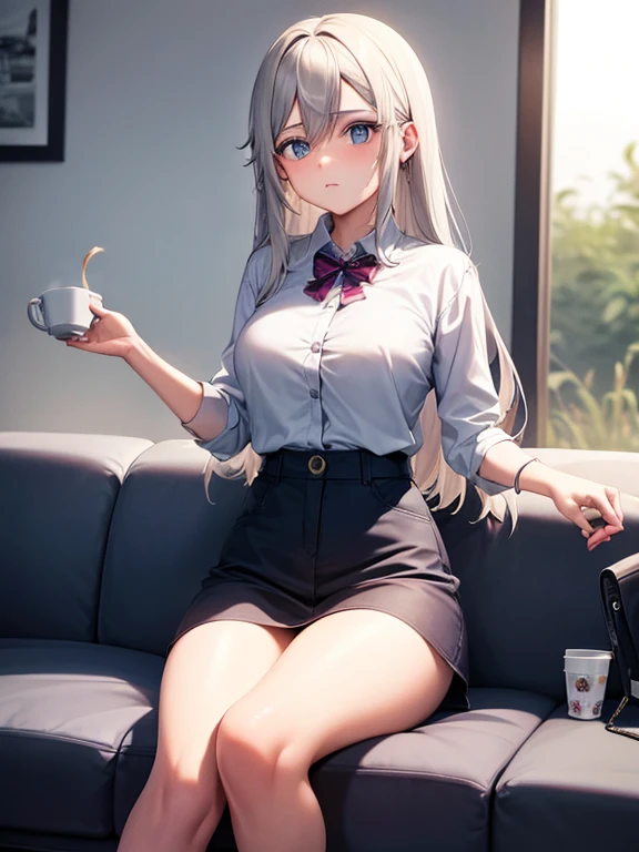 Chica adolescente con pelo blanco y ojos plateados vistiendo una blusa de escote que resalta sus tetas y una mini falda, looking at you seriously while having a cup of coffee and sitting on a white sofa