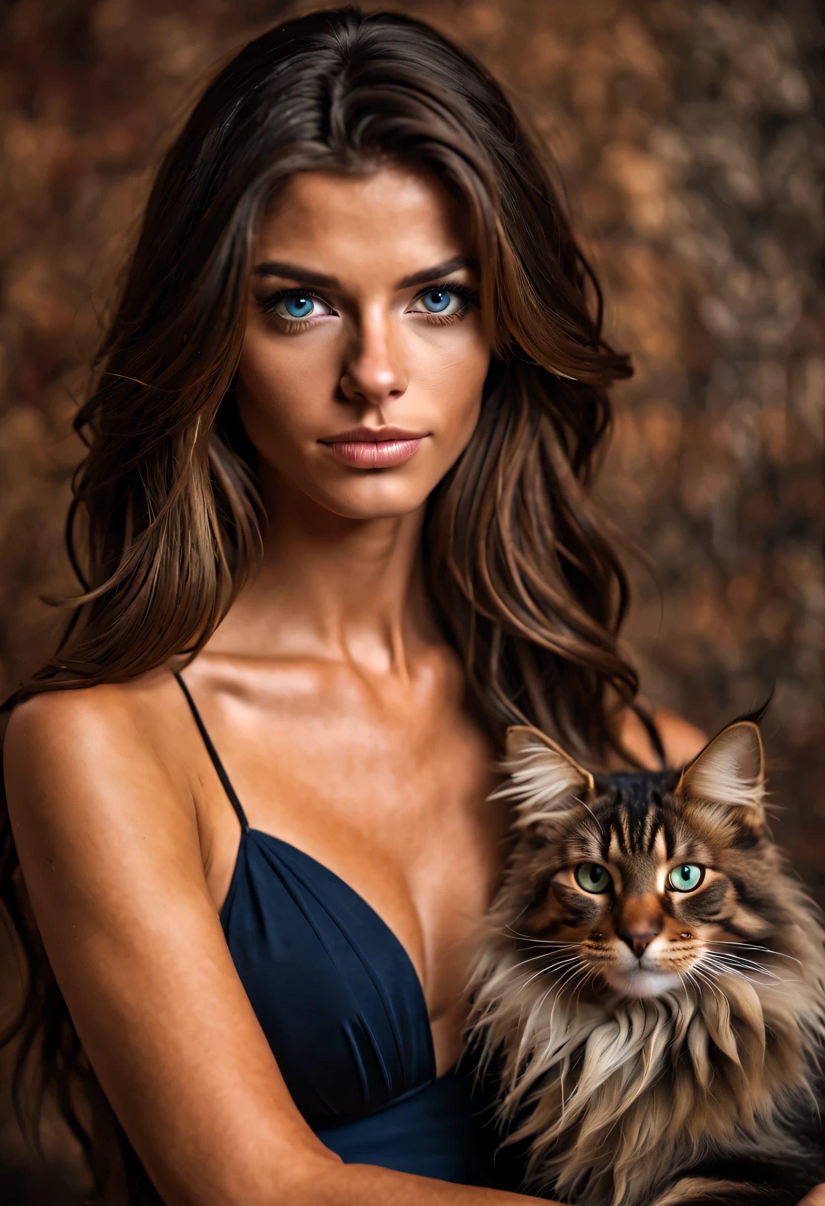 gorgeous maine coon cat breed with her extremely hot girl owner. masterpiece, 1 extremely beautiful girl outside in Italy, holding a glass of wine in her right hand, dressed in a short black dress, 20 years old, detailed eye, brunette with blue undertones, curve cut hairstyle, top-quality, high resolution (Realisticity: 1.4) tall ( 5 ft 9), skinny, fit, tanned, beautiful hands, long legs, tanned, detailed blue eyes, cinematic lighting, european beauty, italian, super beauty, beautiful skin, body facing forward (A hyper-realistic). (8K). (detailed). (beautifully detailed eyes), (ultra-detailliert), (wall-) (Natural smile), beautiful white teeth, very beautiful hair. A detailed face, bright lighting, professional lighting, facing straight ahead. (The costume is a short black dress). Extremely realistic photo. Togheter with her is her cat, an extremely beautiful maine coon breed.
