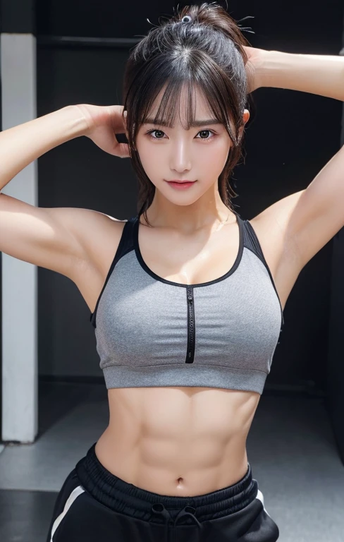 ((highest quality, 4K, masterpiece: 1.3)), beautiful woman with perfect figure: 1.4, (abs, developed hand muscles: 1.2), black hair, Sweat pants, wet body, Gym, Detailed face and skin texture, fine eyes, 