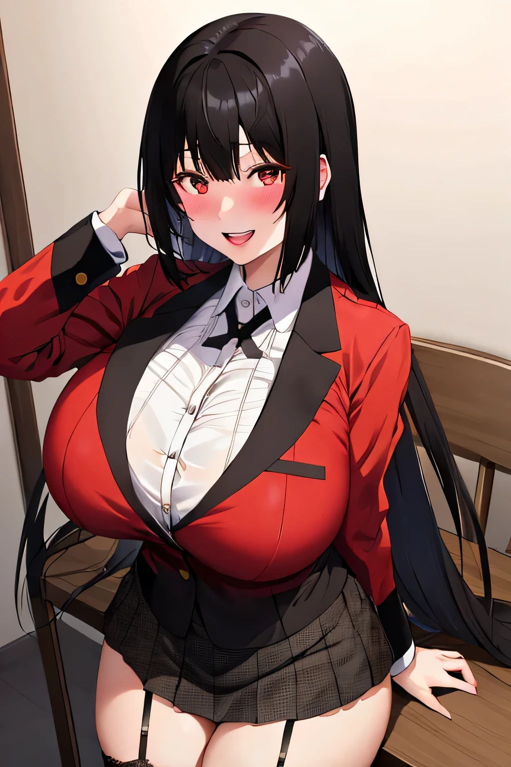 (8K, RAW photo, highest quality, masterpiece: 1.2),18 year old Japanese woman with perfect body,Please show your teeth and smile,long black hair,dull bangs, toothy smile,uniform,red jacket,black pantyhose,white shirt,(Showing lace lingerie under a white shirt,See through:1.3),black ribbon,pleated skirt,long sleeve,shining eyes,blush, classroom,(big breasts:1.5)