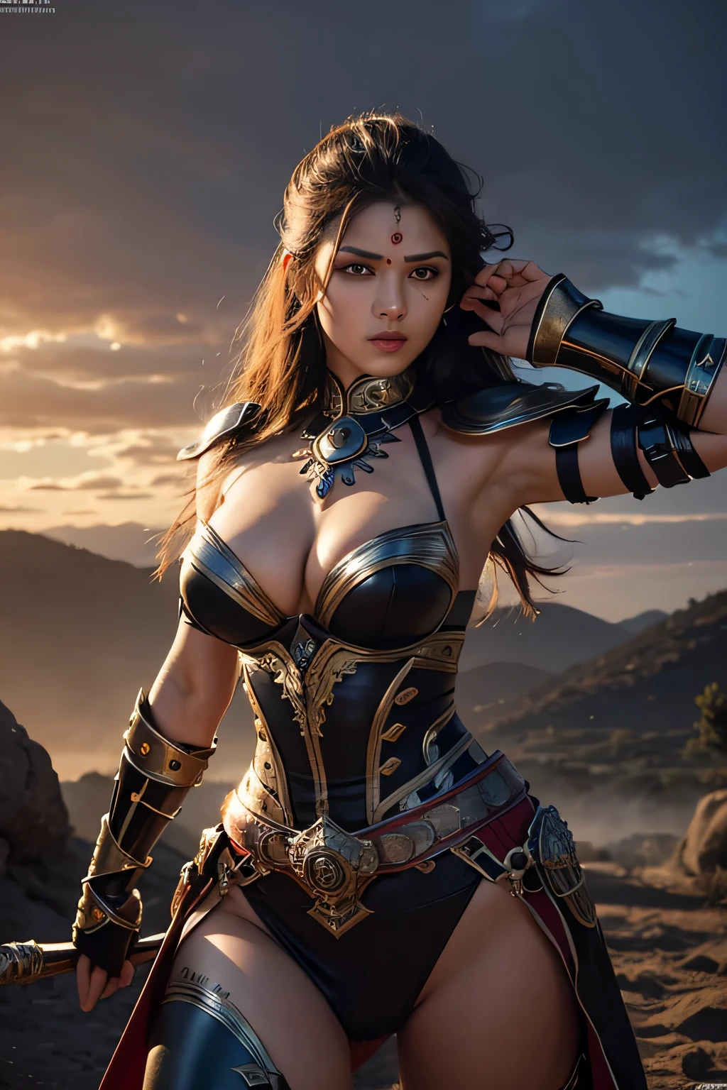 (highest quality,8K,masterpiece),
dynamic shot,Indian warrior,Pose with movement,dynamic pose,
perfect face,realistic skin,perfect hands,
big breasts,
black armor,Detailed details,intricate details,
professional lighting,