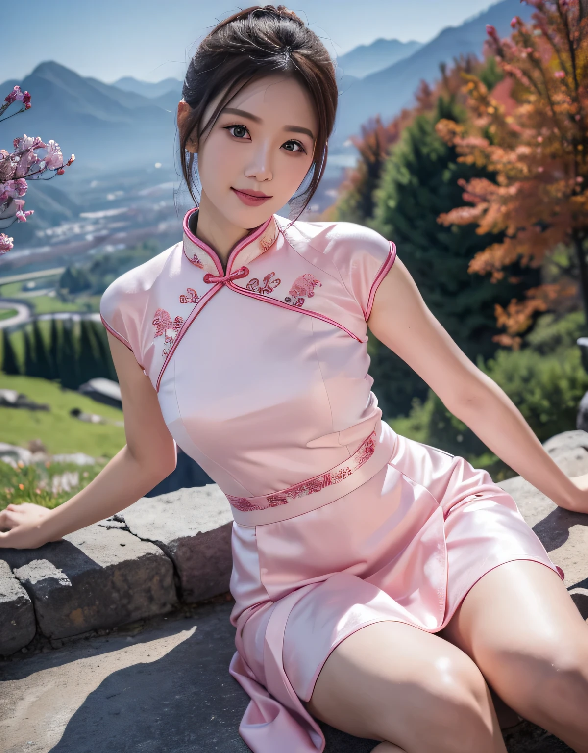 realistisch und sehr detailliert,best quality,very high resolution,Eine Frau,{beautiful pink cheongsam skirt},Unterbrust,Dekollete,ssmile,ein geschlossener Mund,Ein Dunkelhaariger,Haarknoten,Chinese big, in the mountains, energetic, action, horny