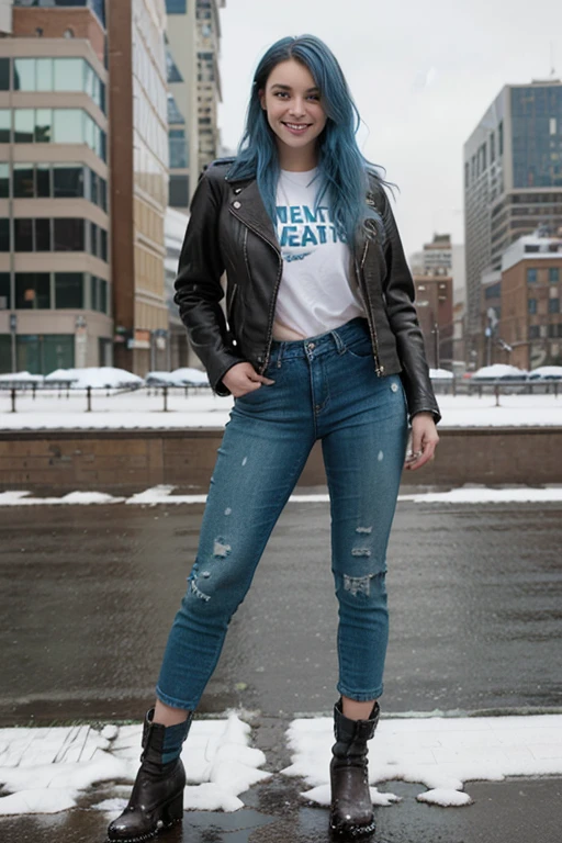 Model, blue hair, thick hair, clean face, green eyes, wearing a leather jacket and jeans, boots in feet , smiling, at manhattan, snowfall in background