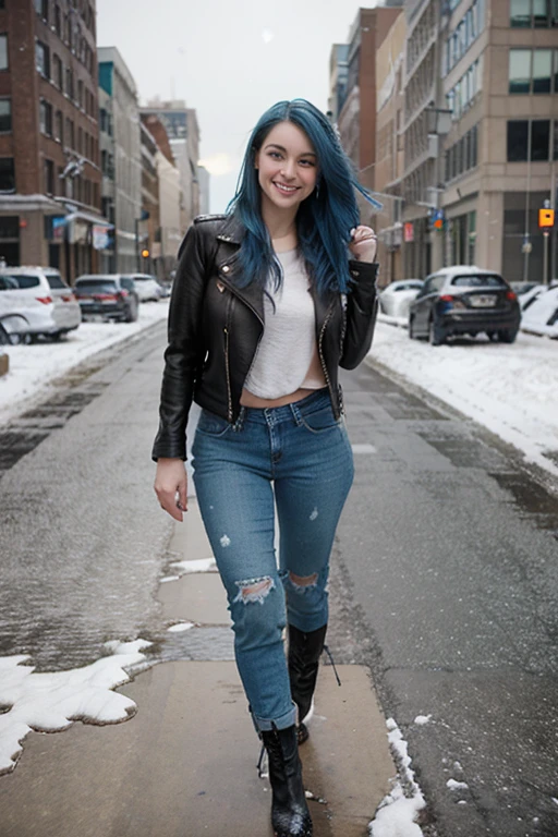 Model, blue hair, thick hair, clean face, green eyes, wearing a leather jacket and jeans, boots in feet , smiling, at manhattan, snowfall in background