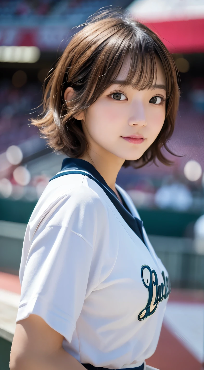 (top-quality,8K picture quality,​masterpiece:1.3,),(超A high resolution:1.hotorealsitic:1.4,Raw photography:1.2),(ultra-detailliert:1.2,shinny skin,Detailed skin:1.1),(Detailed face,Perfect Anatomy,Caustics:1.2),(Girls cheering at the stadium:1.2),(Stand seats:1.1),(Sideways face:1.2),(Shot from the side:1.2),(Don't look at the camera:1.2),composition from the waist up,kawaii,japanes,22year old,Japanese ido,Natural brown hair,Curl short hair outward,Pretty eyes,natural make up,delighted expression,Open your mouth slightly,large boob,Oversized Baseball Uniform Shirt,White skirt,Professional Lighting,natural soft light,
