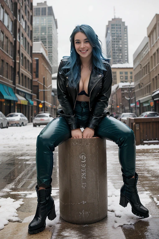 Model, blue hair, thick hair, clean face, green eyes, big boos, wearing a leather jacket and latex pants, boots in feet , smiling, at manhattan, snowfall in background