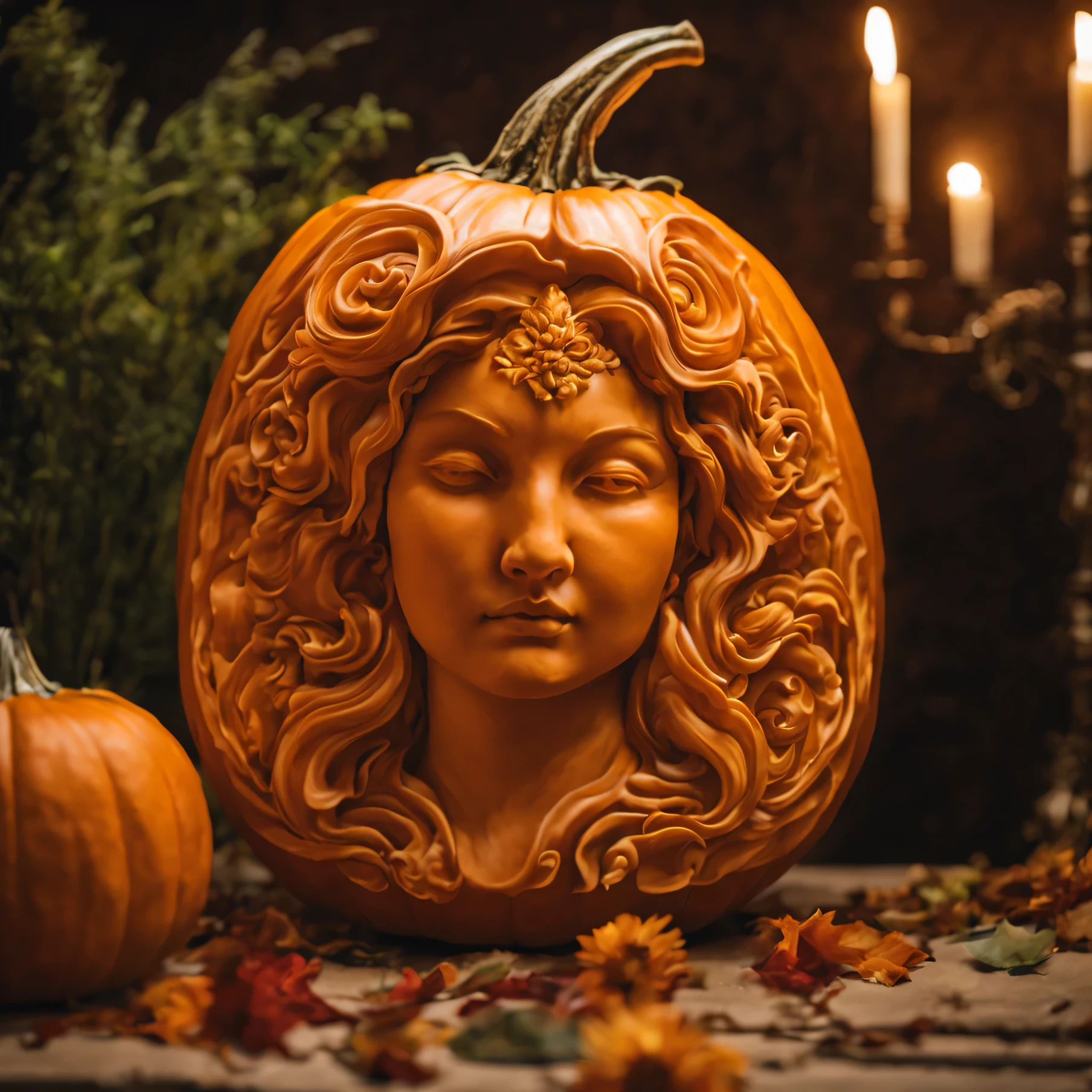 (8K, RAW photo, 最high quality, masterpiece:1.2), professional photography, carefully carved pumpkin, Bust of a goddess carved into a pumpkin, Fine art, high quality, surreal, bright colors,