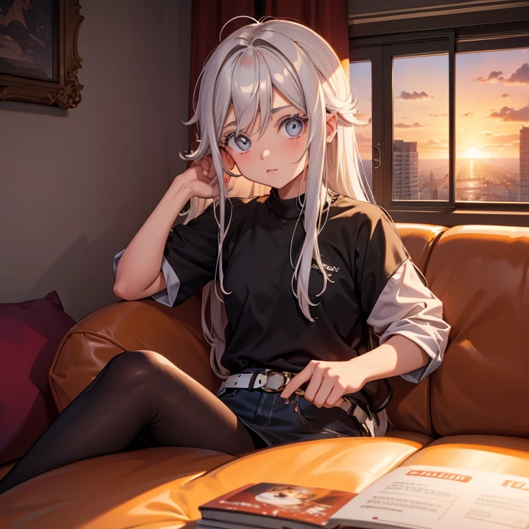age girl sitting on a couch watching the sunset from her luxurious apartment, la chica es tetona y culoiene el pelo blanco y ojos plateados usa minifalda y blusa con escote