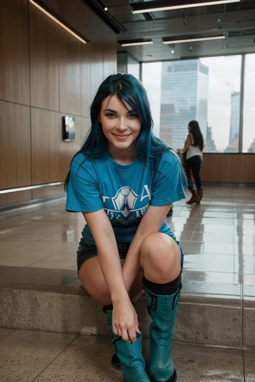 Model, blue hair, thick hair, clean face, green eyes, big boos, wearing a tshirt, boots in feet , smiling, at the one world trade center