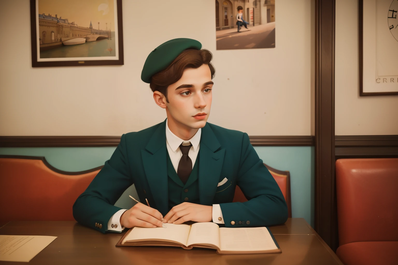 1920s French Café Poetry Reading (Location: Paris):
Character: A young man in his twenties with a beret, reciting poetry in a bohemian Parisian café.
Setting: A quaint literary café in Paris, where he immerses himself in the creative atmosphere. Evoke the artistic fervor with Wes Anderson's romantic and café-inspired color palette.