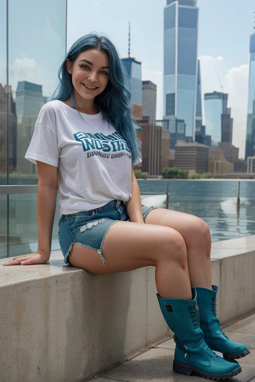 Model, blue hair, thick hair, clean face, green eyes, big boos, wearing a tshirt and shorts, boots in feet , smiling, at the one world trade center