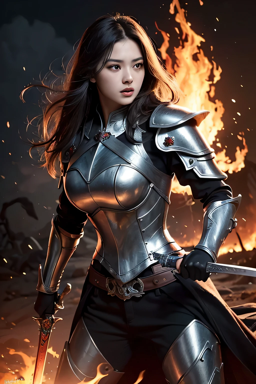 35 years old, woman, Indonesian Woman, masterpiece, (photorealistic:1.4), best quality, beautiful lighting, detailed, 1girl, alluring, looking at viewer, ((sweat:1.3)), cameltoe, ((hands behind head)),
prinzv4, ((underboob)), grey hair, long hair, red streak on hair, angry face, blushed, yellow eyes,
standing split, standing on one leg,
gmuniform, blue thighhighs,
((castle))