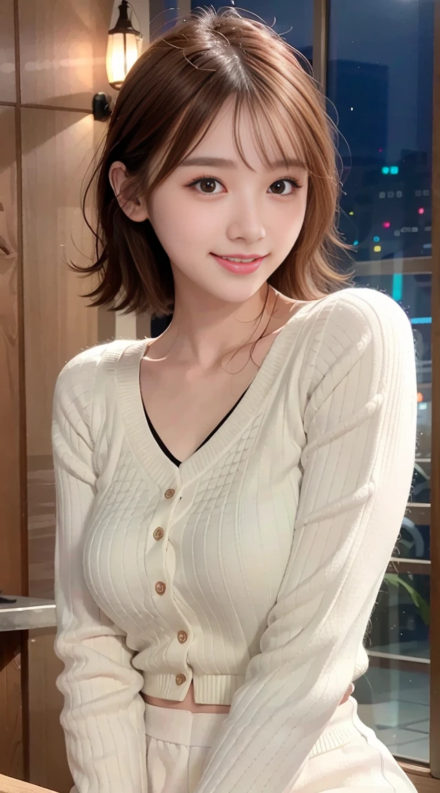(Tabletop, highest quality, High resolution, , Pixel perfect, 4K,), 1 girl, single, alone, Beautiful woman、I could see the whole body、 ((Wavy mid-hair, bangs, Brown Hair)), ((Brown eyes, Beautiful eyelashes, Realistic eyes)), ((Detailed face, blush:1.2)), ((Smooth texture:0.75, Realistic texture:0.65, Realistic:1.1, Anime CG Style)), Medium chest, Dynamic Angle, Perfect body, ((, female teacher, , Earrings、necklace、White turtleneck sweater、Beige flared skirt、Matte black pantyhose、Spread your legs wide、Get down on one knee、A shy smile)), Superior、、、evening、Sit at a desk、Bring your arms together to emphasize your chest、(、Showing polka dot panties under pantyhose、Angle from below)、