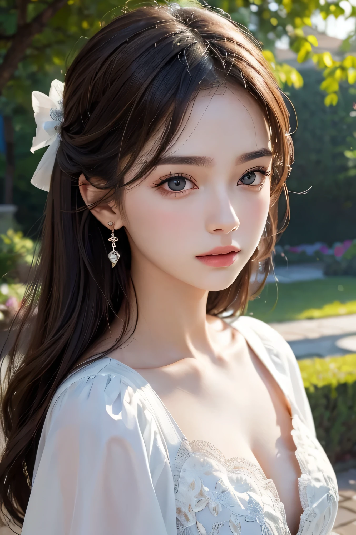 landscaped gardens、Image from chest up:1.6)、Close-up portrait of a girl wearing earrings, soft portrait shot 8k, nice delicate face, High quality 4K portraits, high quality portrait, soft and perfect white skin, 8k highly detailed face, beautiful and delicate face, beautiful light big eyes, beautiful and realistic face, beautiful girl, beautiful and realistic face, pretty girl
