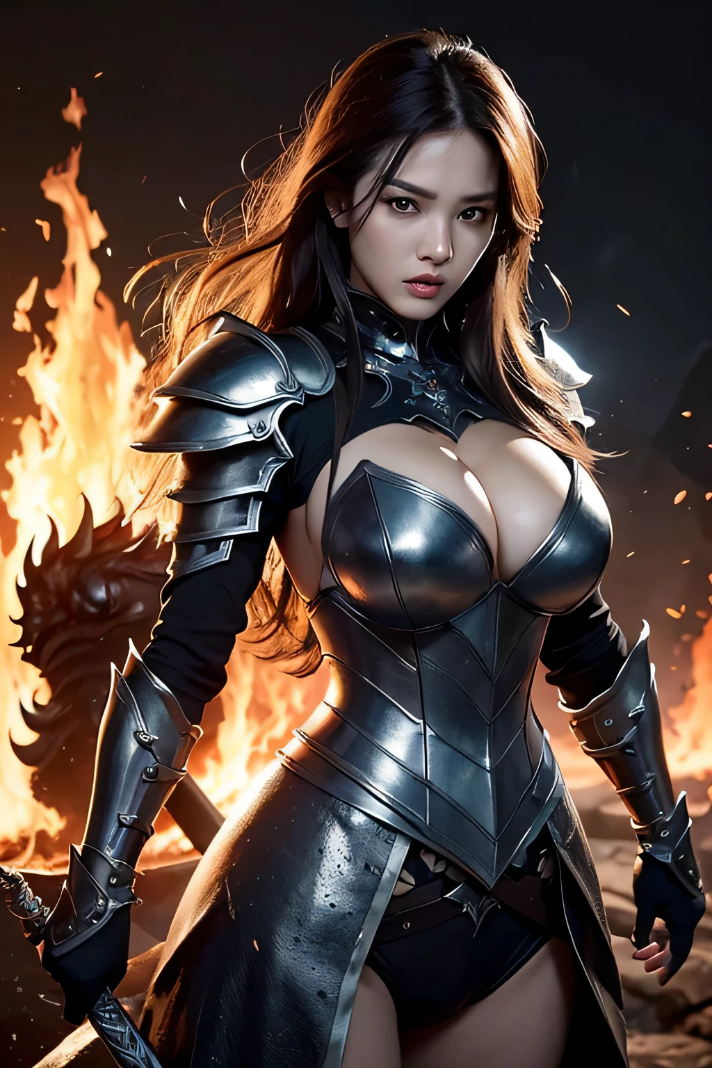 (highest quality,8K,masterpiece),
dynamic shot,Western knights,Pose with movement,dynamic pose,
perfect face,realistic skin,perfect hands,Holding a big sword,
big breasts,
black armor,Detailed details,intricate details,iron armor,
professional lighting,big flame in the background,Burning flame,Intense Flames,