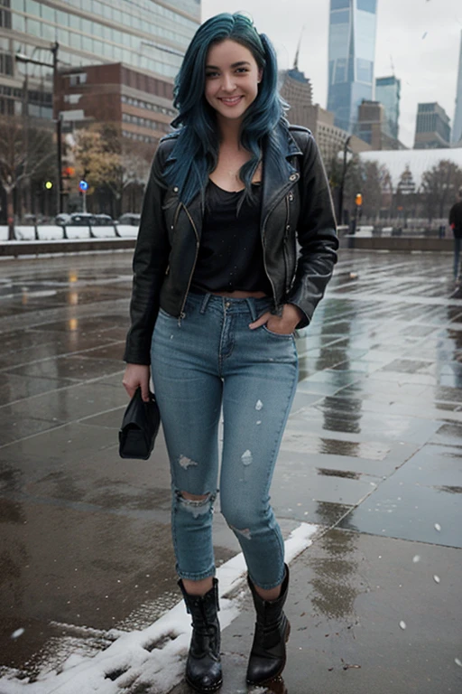 Model, blue hair, thick hair, clean face, green eyes, big boos, wearing a leather jacket over hoodie and jeans, boots in feet , smiling, at the one world trade center, snowfall in background