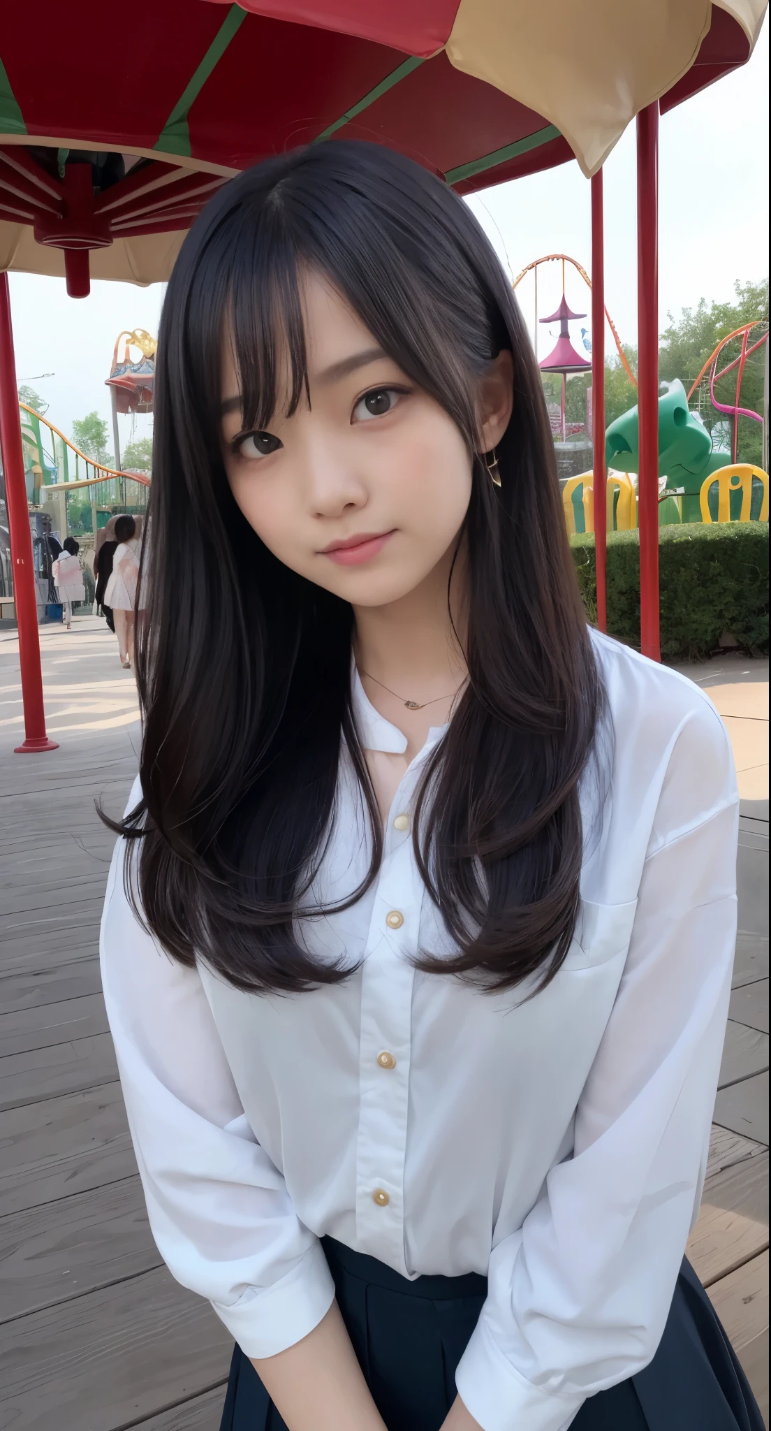 (top-quality、​masterpiece:1.2)、Best Quality、realisitic、photoshot、hight resolution、1080p、8K、Textured skin、Physical Rendering、1 Japan Girls、High school students、kawaii、Young Face、Rolled hair、(An amusement park:1.5)、Autumn outfit:1.5、pretty pose、full of shyness、smil、Big