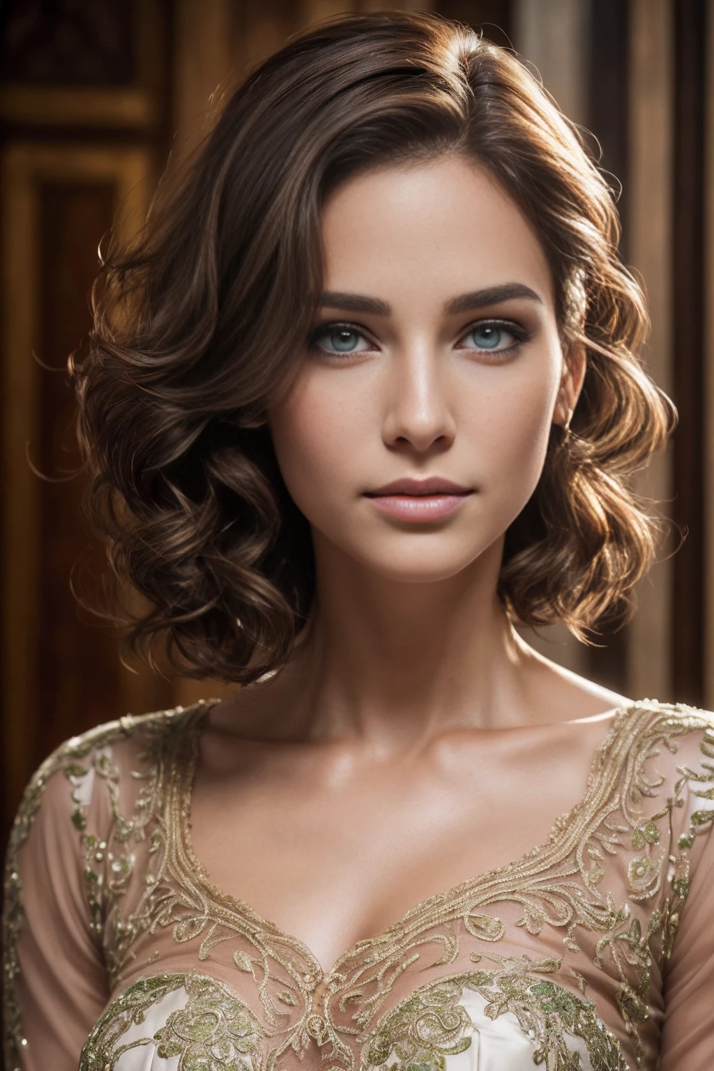 Breathtaking cinematic photo of a 30 year old girl with brown hair and green eyes, happy, cheerful expression, closed mouth, beautiful lips, intricate details, shallow depth of field, highly detailed, high budget, epic Hollywood film, gorgeous, masterpiece, award-winning, professional, highly detailed, detailed skin texture, (blush: 0.5), (goosebumps: 0.5). (the most beautiful woman in the world) (brown hair) (short curly hair, wild hair, stylish cut) thin face, thin nose, beautiful, very beautiful, perfect face, slender body (slender), (brown hair) (brown eyes ) (white skin) Beautiful body, western face, predatory eyes, pink lips, thick thighs. full body, western beauty, thin nose, beautiful, perfect, ((best quality)), ((ultra resolution)), ((photorealistic: 1.4)), (intricate details), perfect face, makeup: 1.5 , clear face, facial details. front view ((uniform, tactical costume, agent costume, spy))