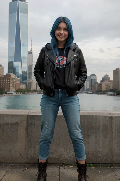 Model, blue hair, thick hair, clean face, green eyes, big boos, wearing a leather jacket over hoodie and jeans, boots in feet , smiling, posing with the peace sign, at the one world trade center, snowfall in background