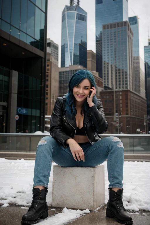 Model, blue hair, thick hair, clean face, green eyes, big boos, wearing a leather jacket over hoodie and jeans, boots in feet , smiling, posing with the peace sign, at the one world trade center, snowfall in background
