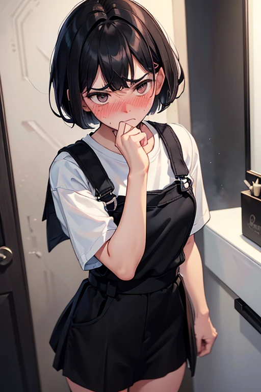 ,short hair, black hair,reddish eyes、、(black overall skirt:1.6),, ,NSFW,very detailed、masterpiece、highest quality、Ultra high decomposition energy A、8K high resolution、Clear like a photo、ultra high resolution、Gradation depiction、photorealistic、Private toilet room、Toilet in the shop、based on anthropology、girl、detailed eyes、short hair、(upward glance),、(wear white Tshirt:1.2)、, ,, ,、,,,, (frown:1.2),(angry:0.9),contemptuous,disdain,(hate:1.3),,elegant,active angle,dynamism pose,, (embarrassed,nose blush:1.5), , 、, (touching face with one hand:1.2),,　white Tshirt ,