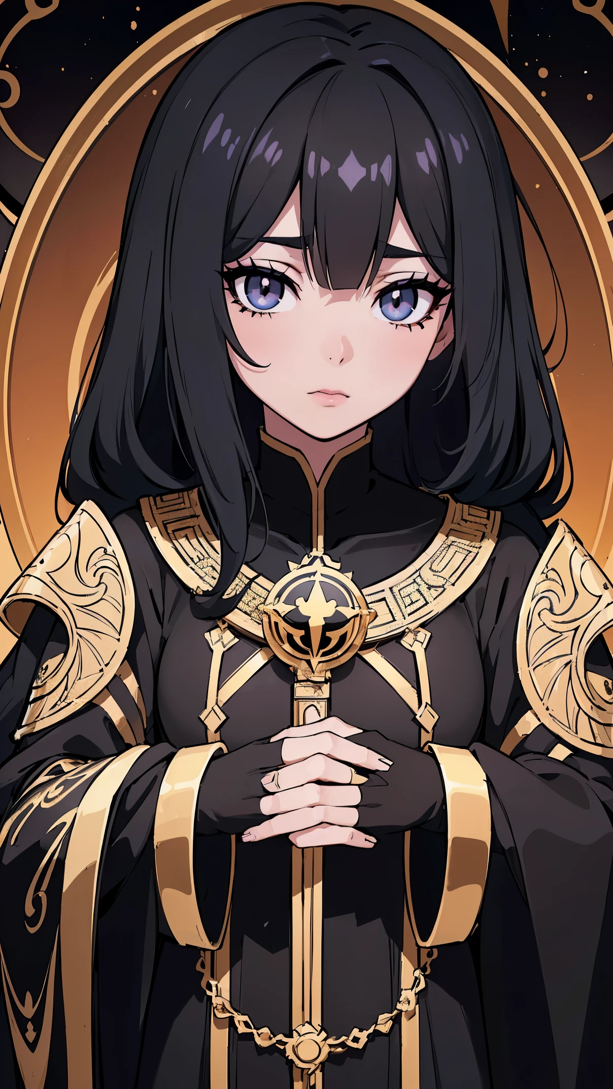 (Anime,Girl1,black long hair, black eyes,Long eyelashes,Black eye shadow),(Black and gold Arabic abaya dress),(Highly detailed CG,module,8K wallpapers,magic items)،(Highest quality, high resolution, beautiful lighting, realistic shadow, high resolution)،(Detailed skin, highly detailed, detailed faces and eyes, realistic eyes)