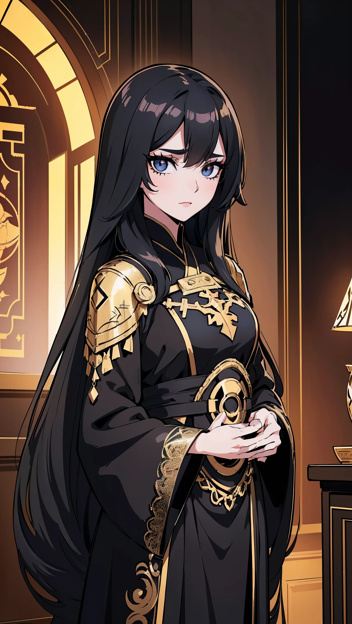 (Anime,Girl1,black long hair, black eyes,Long eyelashes,Black eye shadow),(Black and gold Arabic abaya dress),(Highly detailed CG,module,8K wallpapers,magic items)،(Highest quality, high resolution, beautiful lighting, realistic shadow, high resolution)،(Detailed skin, highly detailed, detailed faces and eyes, realistic eyes)