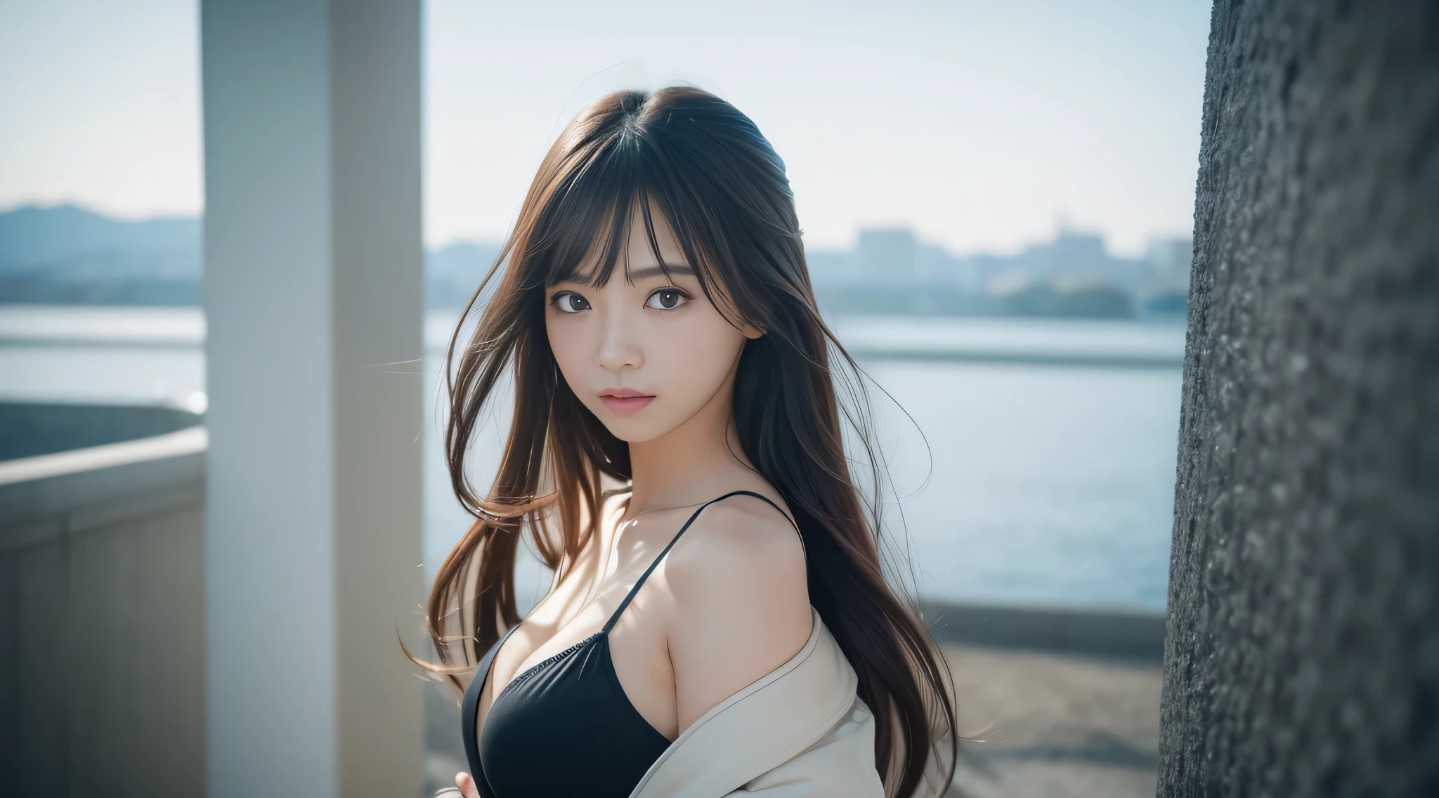 ((best image quality、highest quality、Super high quality 1.5、Super high quality 1.5、32K、8K、ticker、RAW photo、very clear image、very clear image quality、Photoreal 1.3、Super detailed 1.2, small details, High resolution, wall , perfect dynamic composition, masterpiece, surreal,非常に詳細な CG Unity 32K wall紙,realistic pictures、real human being))、sexyなCカップ、sexy&22 year old beautiful girl with cute looks & かわいい美しいsexyな顔, The strong wind blows the hair in front of my face,(長い前髪に隠れた美しくキュートでsexyな目をした美しいブラウンのストレートヘア)
