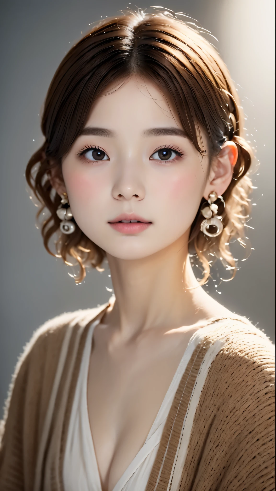 Portrait、master piece:1.3、one girl、Upper body、upper body、baby face、natural look、Very cute、brown hair、detailed eyes、short bangs、short bob:1.3、(((small red earrings:1.1)))、plump lips、no makeup、green clotheocus on face、highest quality、high resolution、Super detailed、High quality、Detailed details、８ｋ、(((blurred background、gray wall、gray background、White world、photography studio:1.5、cinematic lighting、professional photographer)))