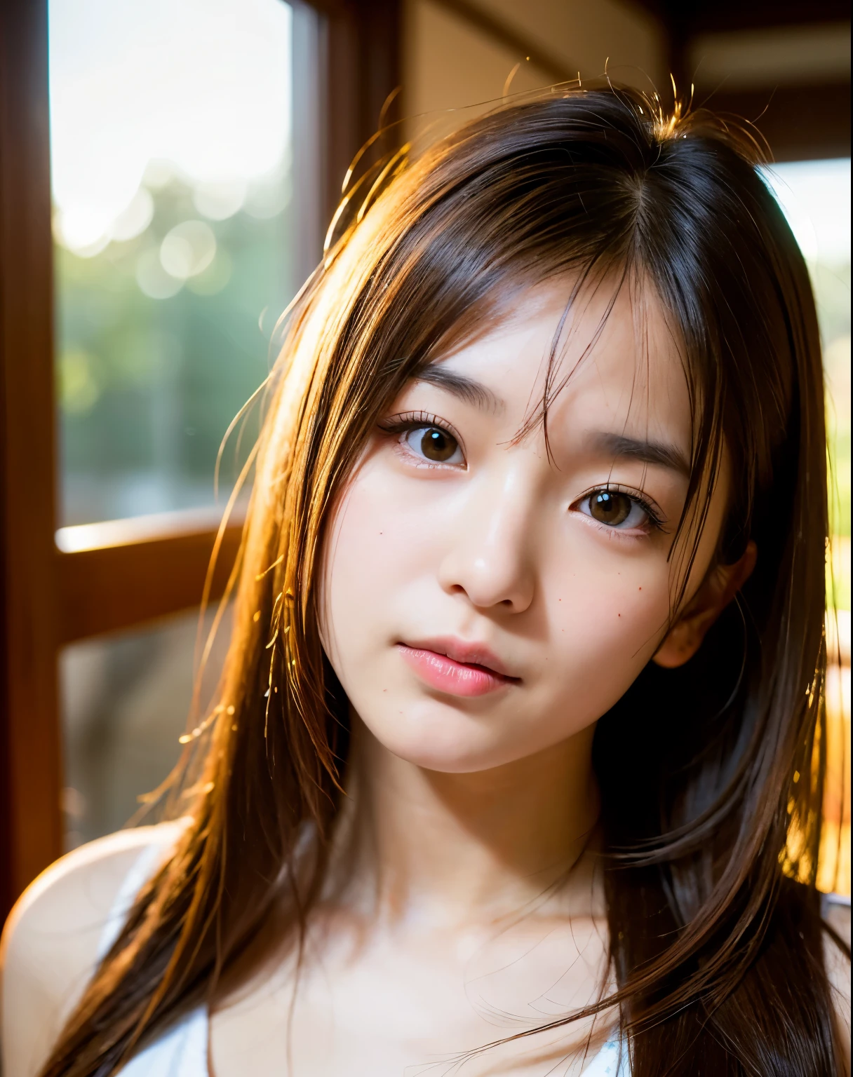 best quality, Face focus, soft light, Ultra high resolution, (realistic:1.4), raw photos,
1 Japanese girl, alone, cute, (student, Fire in the eyes),  Beautiful, detailed face, (small breasts),(High-resolution details of human surfaces),
(long hair),
indoor, 
Take off the dress.,
(Portrait)