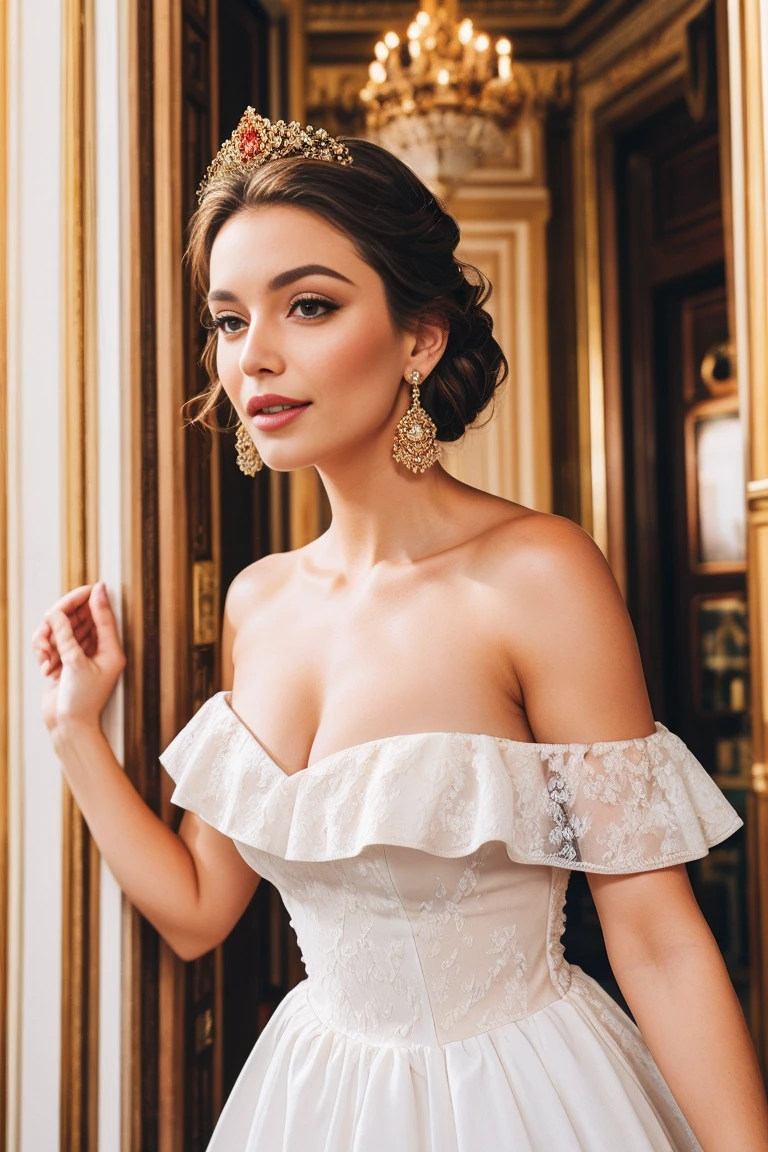 Beautiful woman, off-shoulder dress, inside the palace