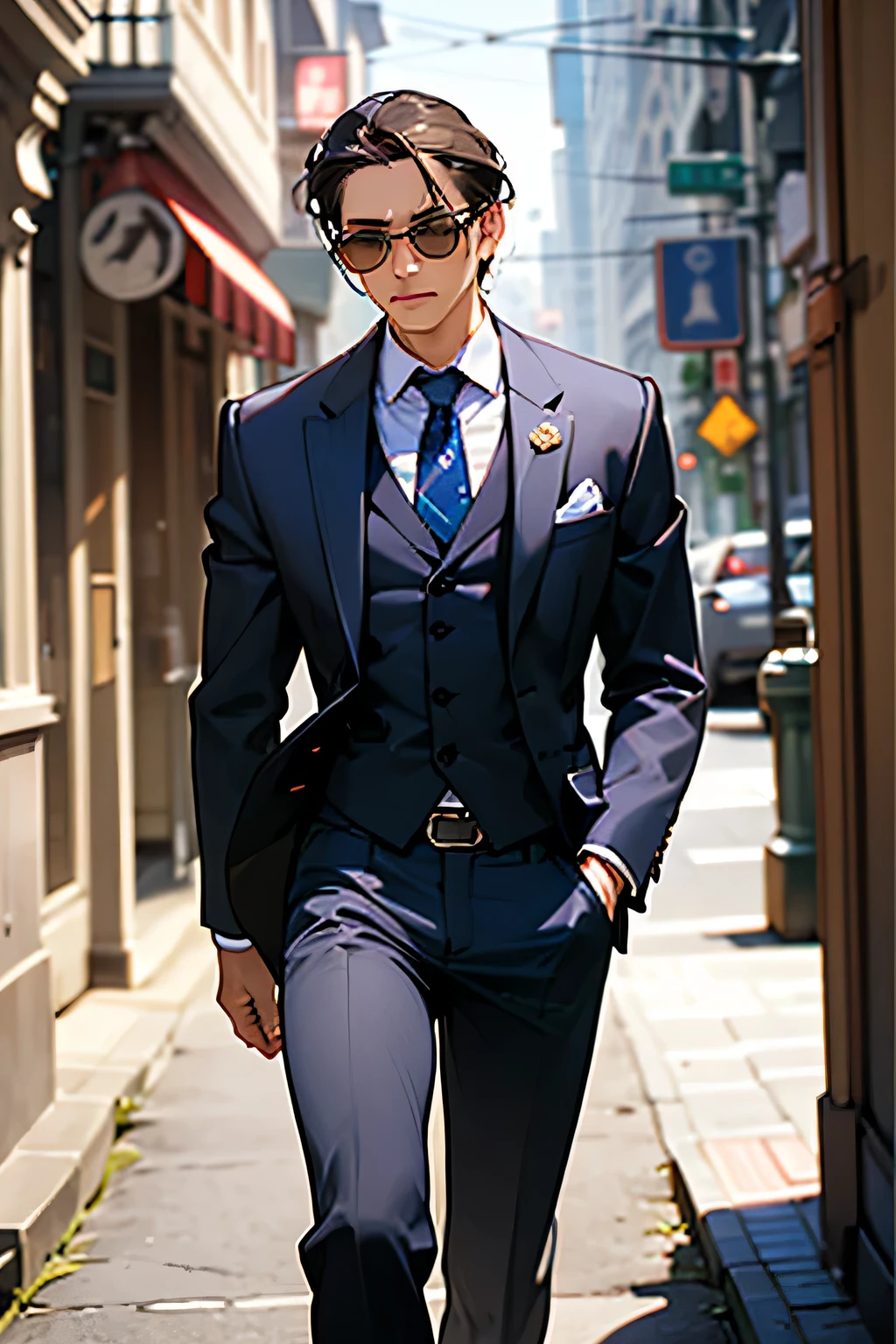 realistisch, (best quality, Meisterwerk: 1.3), men, (In einem Anzug) (walking down the street) --auto --s2