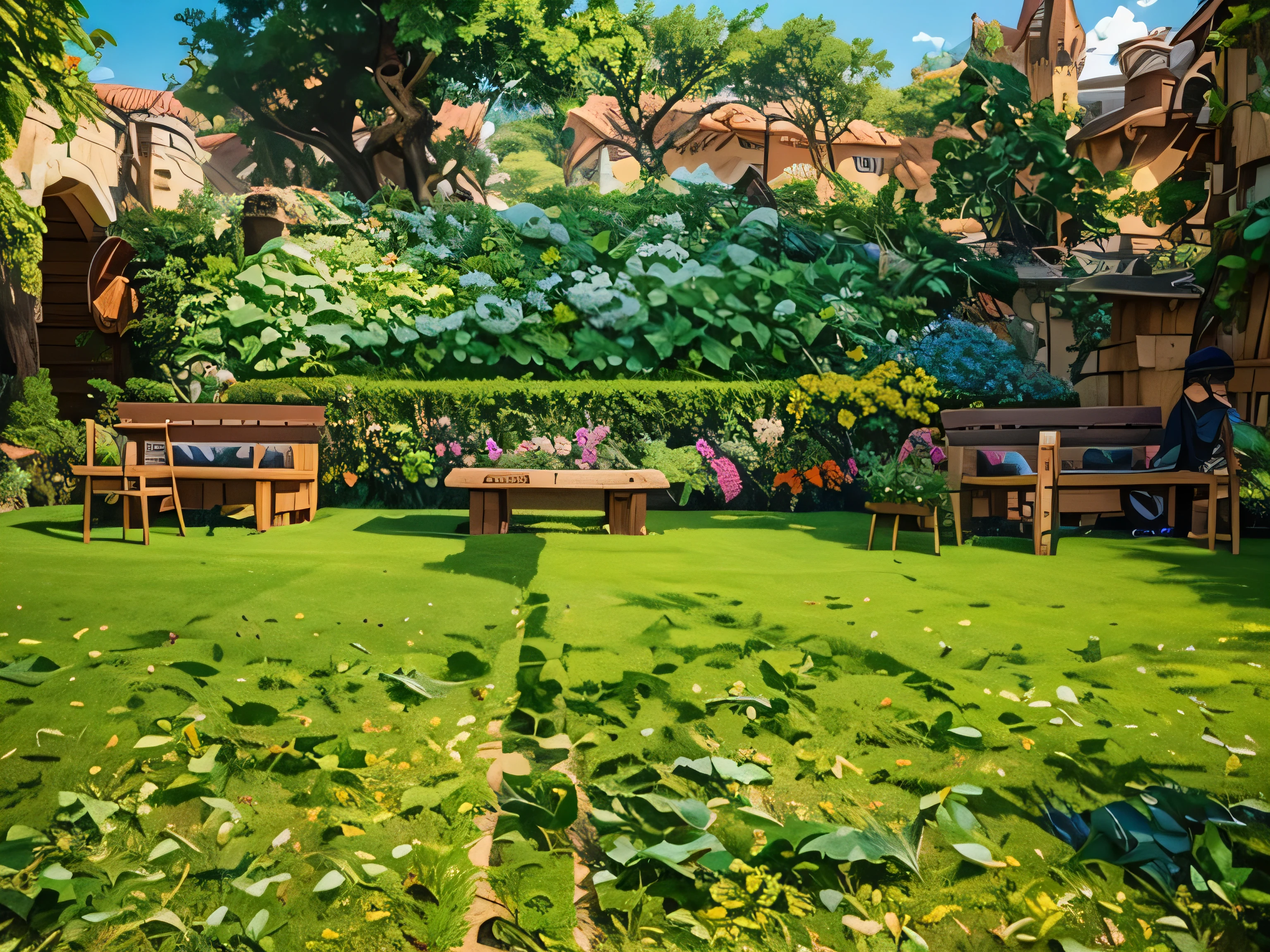 Floor of the ground is green grassy, and some anime studens sitting on a banches and working thogATHER