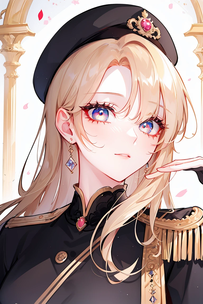 (shoujo-style), floral background, romance manhwa, manhwa-scenery, (mature women aligned), shiny gloves and black beret, glamorous proportion, brown curry hair, (beautiful eyes), (detailed pupils), perfect face, face focus, (epaulettes), Salute
, gleaming skin, mascara, long eyelashes, perfect eyes, (face focus),