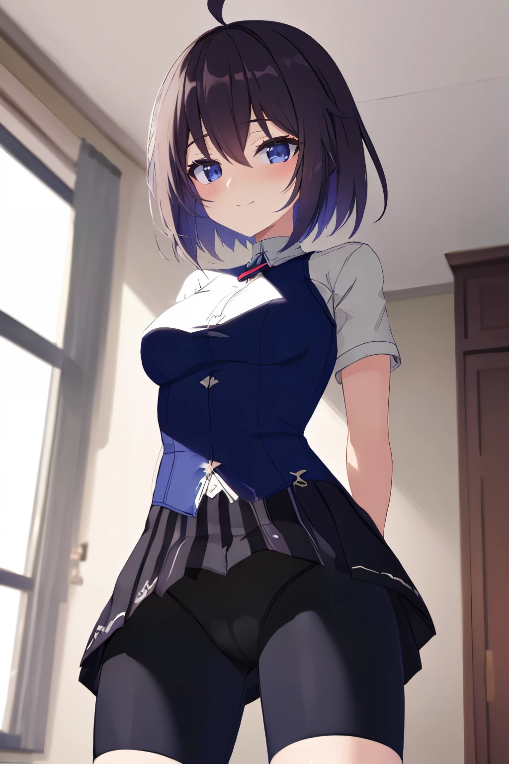 1 girl, best quality, ultra high res, ahoge, Seele Vollerei, looking at viewers, medium breast, standing, smile, closed mouth, azure memories, short sleeves, Bike Shorts, bedroom, white bed sheets, pov, Skirt, Bike Shorts Under Skirt, Bike Shorts Detailed, HDR, 