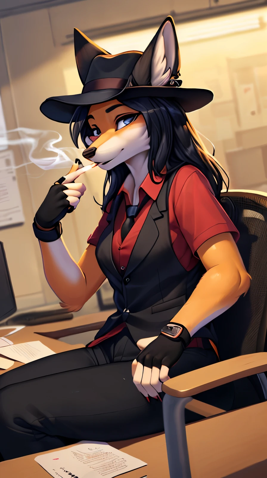 masterpiece, Best quality, Fox, long hair, (cute face 1:1), smokes a cigarette, Cigarette in hand, in black trousers, in a red shirt, in a black vest, wearing a black fedora hat, wearing fingerless gloves, in the office